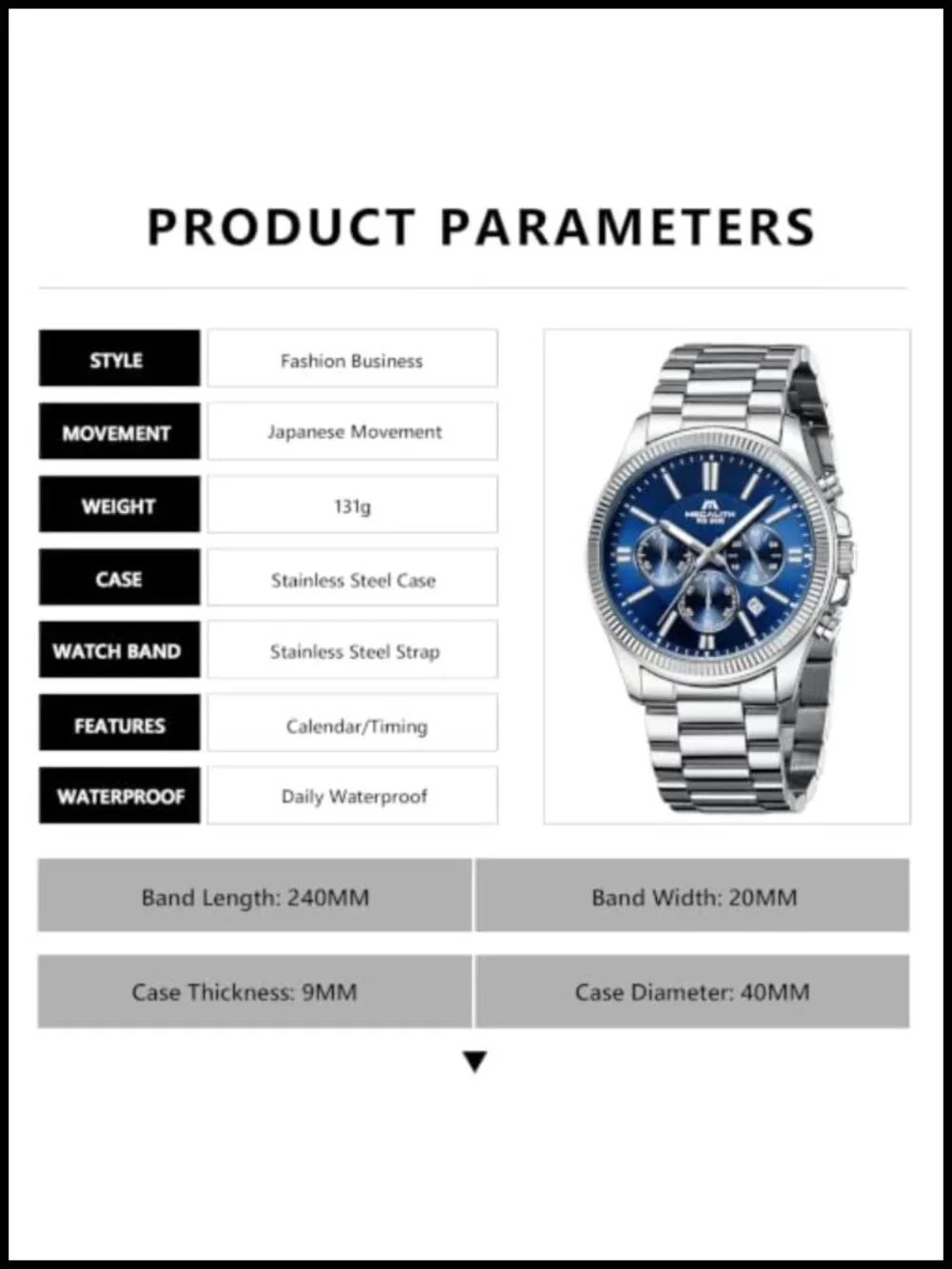Mens Silver Chronograph Dress Watch Stainless Steel Date 40mm